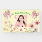 Schattigee Roze Bloemen Bow Girly Foto Verjaardag  Spandoek (Horizontaal)