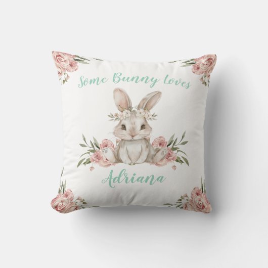 Schattigee Roze Bloemen Bunny Baby Girl Nursery Kussen (Voorkant)