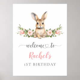 Schattigee Roze Bloemen Bunny Meisje 1e Verjaardag Poster