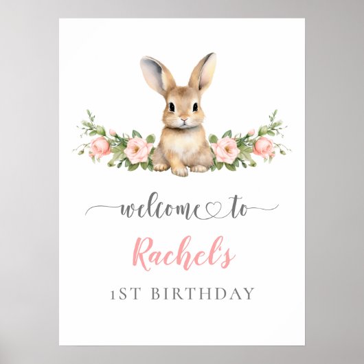 Schattigee Roze Bloemen Bunny Meisje 1e Verjaardag Poster (Voorkant)
