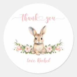 Schattigee Roze Bloemen Bunny Meisje 1e Verjaardag Ronde Sticker