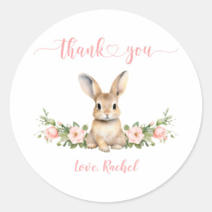Schattigee Roze Bloemen Bunny Meisje 1e Verjaardag Ronde Sticker