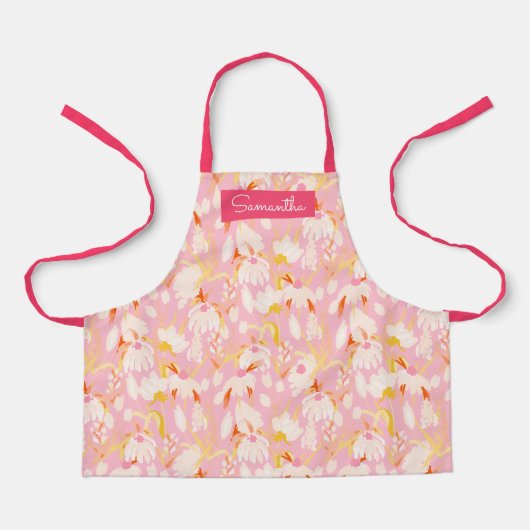 Schattigee Roze Bloemen Custom Naam Meisjes Schort (Voorkant)