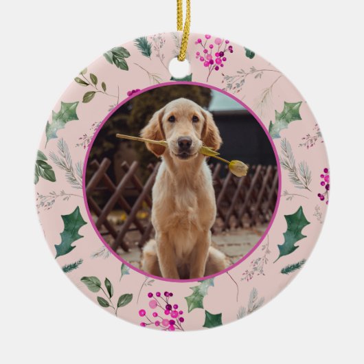 Schattigee Roze Bloemen Eerste Kerstdag Keramisch Ornament (Voorkant)