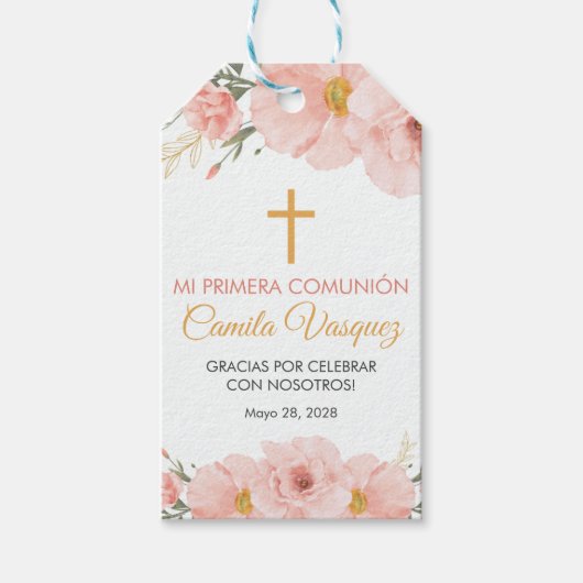 Schattigee Roze Bloemen en Cross Eerste Communie Cadeaulabel (Voorkant)