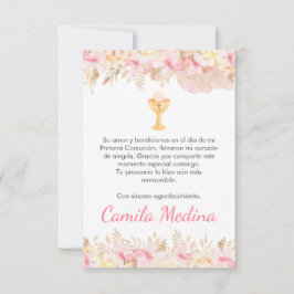 Schattigee Roze bloemen en kelk Eerste Communie Bedankkaart
