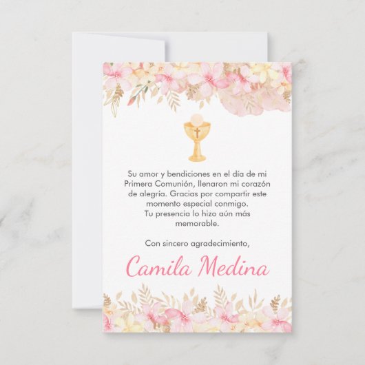 Schattigee Roze bloemen en kelk Eerste Communie Bedankkaart (Voorkant)