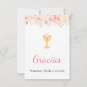 Schattigee Roze bloemen en kelk Eerste Communie Bedankkaart (Achterkant)