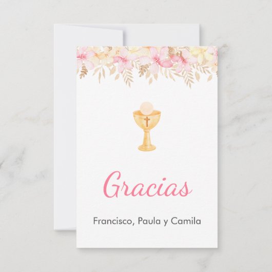 Schattigee Roze bloemen en kelk Eerste Communie Bedankkaart (Achterkant)