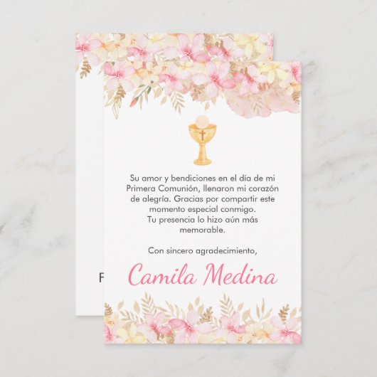 Schattigee Roze bloemen en kelk Eerste Communie Bedankkaart (Voorkant / Achterkant)