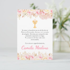 Schattigee Roze bloemen en kelk Eerste Communie Bedankkaart