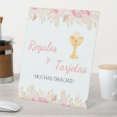 Schattigee Roze Bloemen en Kelk Eerste Communie Reclamebord Met Voetstuk (Insitu)