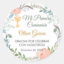 Schattigee Roze bloemen en kelk Eerste Communie Ronde Sticker