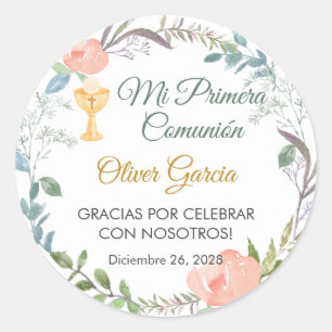 Schattigee Roze bloemen en kelk Eerste Communie Ronde Sticker