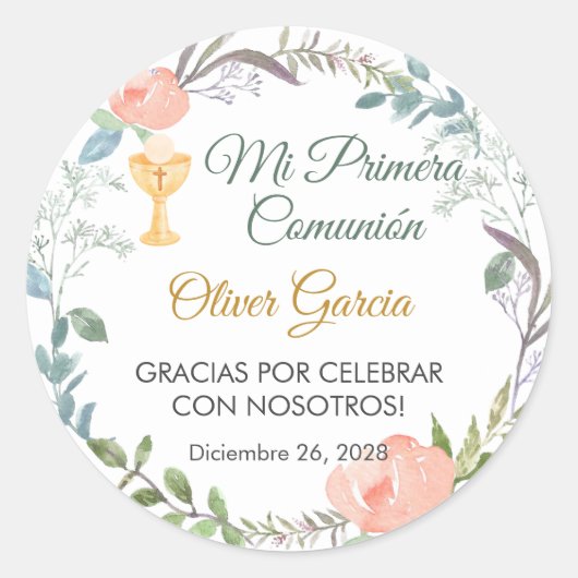Schattigee Roze bloemen en kelk Eerste Communie Ronde Sticker (Voorkant)