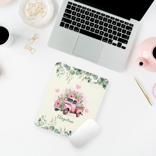 Schattigee  Roze Bloemen Groene Foliage Truck Muismat