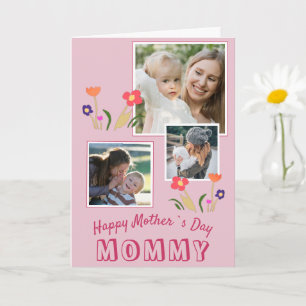 Schattigee roze bloemen Happy Mother`s Day 3 fotok Kaart