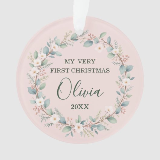Schattigee Roze Bloemen Lijst Baby's Eerste Kerst Ornament (voorkant)