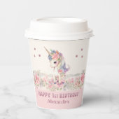 Schattigee Roze Bloemen Meisje Eenhoorn 1e Verjaar Papieren Bekers (Voorkant)