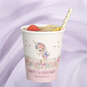 Schattigee Roze Bloemen Meisje Eenhoorn 1e Verjaar Papieren Bekers