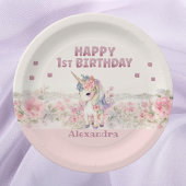 Schattigee Roze Bloemen Meisje Eenhoorn 1e Verjaar Papieren Bordje