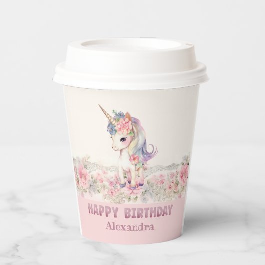 Schattigee roze bloemen meisje eenhoorn verjaardag papieren bekers (Voorkant)