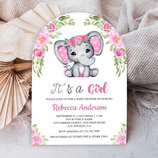 Schattigee Roze Bloemen Olifant Arch Baby shower Kaart