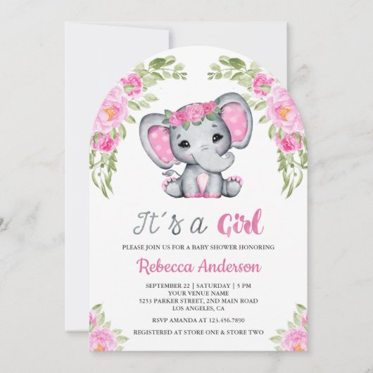 Schattigee Roze Bloemen Olifant Arch Baby shower Kaart (Voorkant)