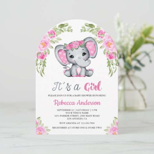Schattigee Roze Bloemen Olifant Arch Baby shower Kaart (Staand voorkant)