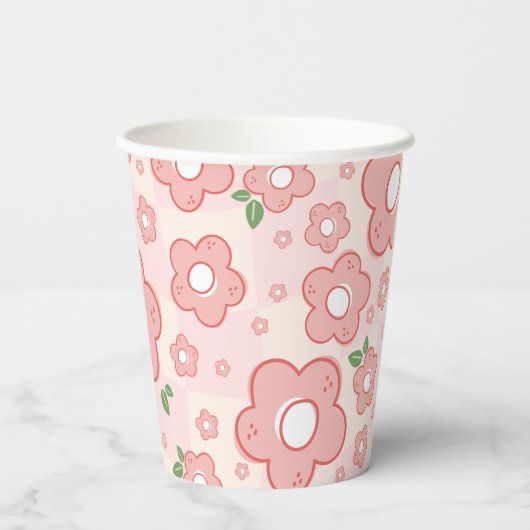 Schattigee Roze Bloemen Party Papieren Bekers (Achterkant)