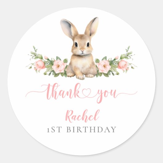 Schattigee Roze Bloemen Sommige Bunny 1e Verjaarda Ronde Sticker (Voorkant)