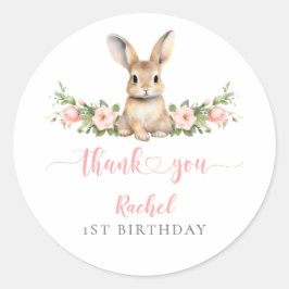 Schattigee Roze Bloemen Sommige Bunny 1e Verjaarda Ronde Sticker