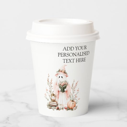 Schattigee Roze Bloemen Spook Met Pompoen Hallowee Papieren Bekers (Voorkant)