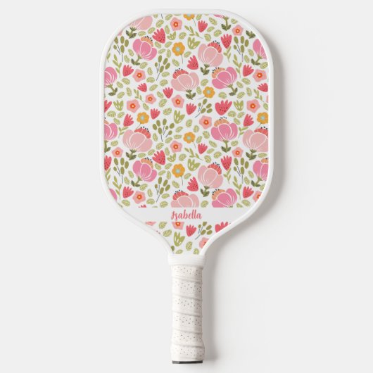 Schattigee Roze Bloemen Trendy Flowers Custom Name Pickleball Paddle (Voorkant)