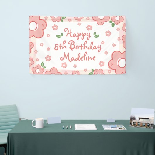 Schattigee Roze Bloemen Verjaardagsfeestbanner Spandoek (Beurs)