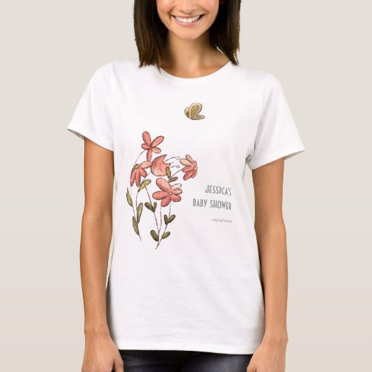 Schattigee Roze Bloemen Vlinder Baby shower T-shirt (Voorkant)