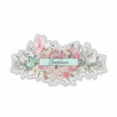 Schattigee Roze Bloemen Vlinder Gepersonaliseerd Sticker (Voorkant)