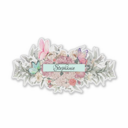 Schattigee Roze Bloemen Vlinder Gepersonaliseerd Sticker (Voorkant)