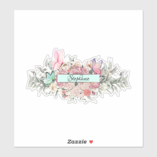 Schattigee Roze Bloemen Vlinder Gepersonaliseerd Sticker (Vel)