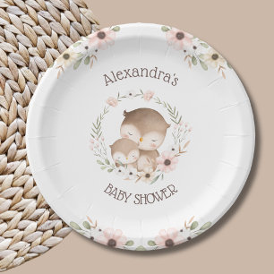 Schattigee Roze Bloemen Woodland Owl Baby Meisje D Papieren Bordje