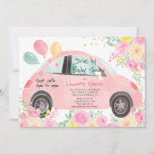 Schattigee roze bloemengouden auto rijden per baby kaart (Voorkant)