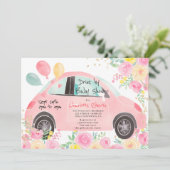 Schattigee roze bloemengouden auto rijden per baby kaart (Staand voorkant)