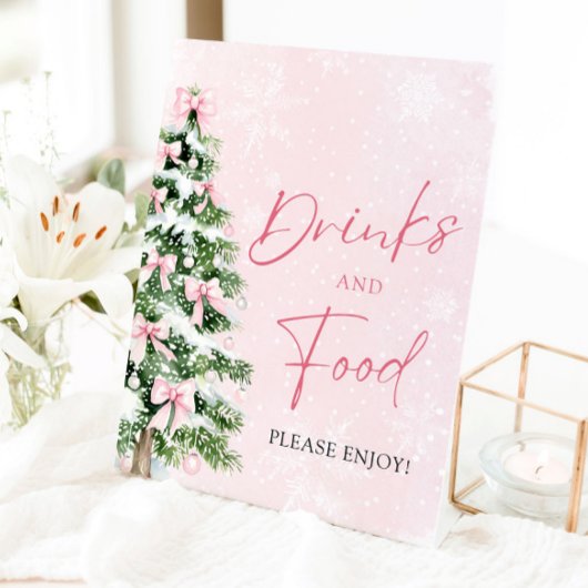 Schattigee Roze Bogen Kerstboom Voedsel en Drinken Reclamebord Met Voetstuk