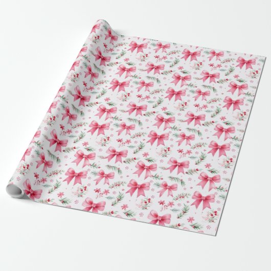 Schattigee Roze Bogen & Winter Greenery Waterverf Cadeaupapier (Uitgerold)
