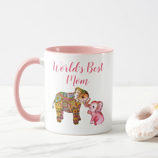 Schattigee Roze Boho Waterverf Olifant Moederdag Mok (Met donut)