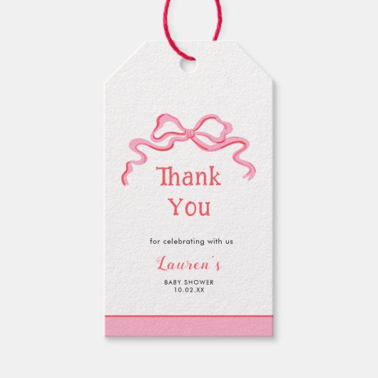 Schattigee roze boog meisje Baby shower Dank u Cadeaulabel (Voorkant)