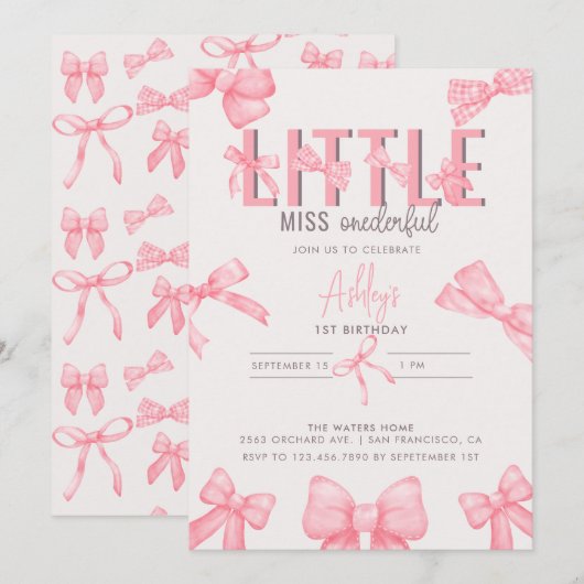 Schattigee Roze Bow 1st Girl's Birthday Kaart (Voorkant / Achterkant)