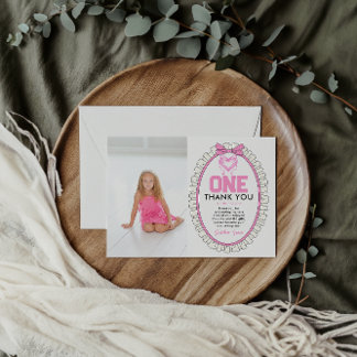 Schattigee Roze Bow Coquette 1e Verjaardag foto Bedankkaart