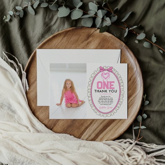 Schattigee Roze Bow Coquette 1e Verjaardag foto Bedankkaart