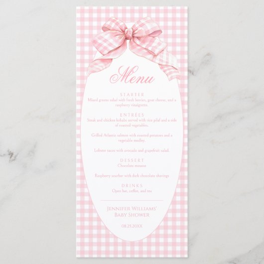 Schattigee Roze Bow Coquette Baby Meisje Douche Me Menu (Voorkant)